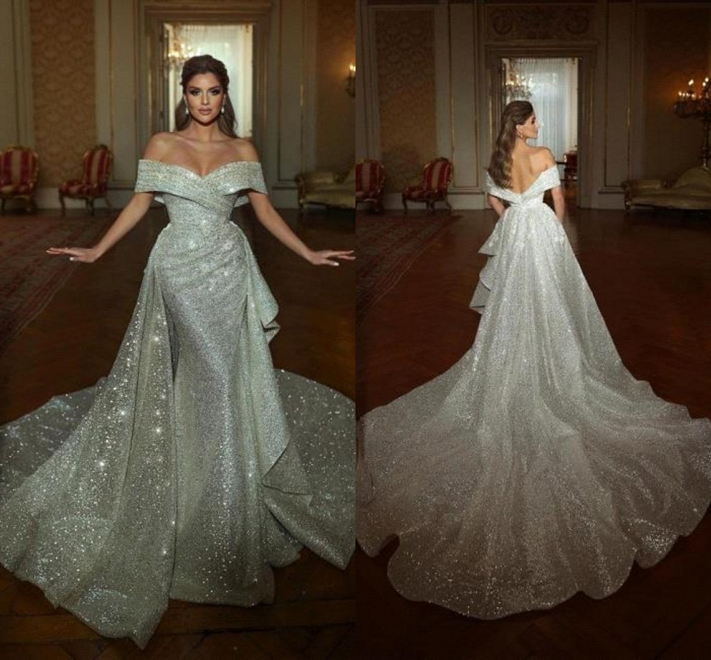 Superbes robes de mariée sirène à paillettes Arabe Dubaï 2024 Perles uriales paillettes Bouches nuptiales avec jupe détachable Sexy Backless BC18