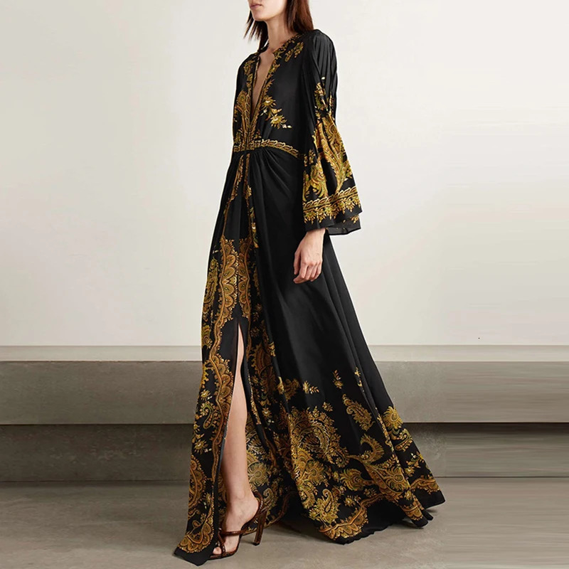 Ethnic Retro Print Front Split Maxi Dress Womens Sexy Hollow V Neck Boho Long Spring Summer Flare Sleeve Loose Party 240403