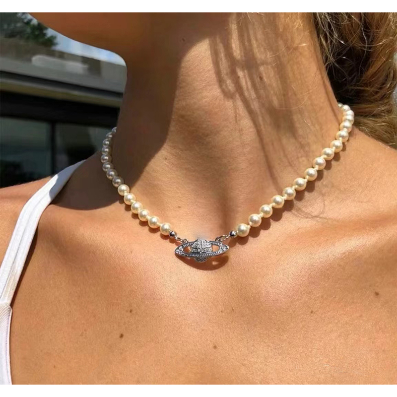 Saturn Necklaces Pearl Beaded Diamond Tennis Necklace Woman Silver Chains Vintage Trendy Style Desigenr With box-image-803201795