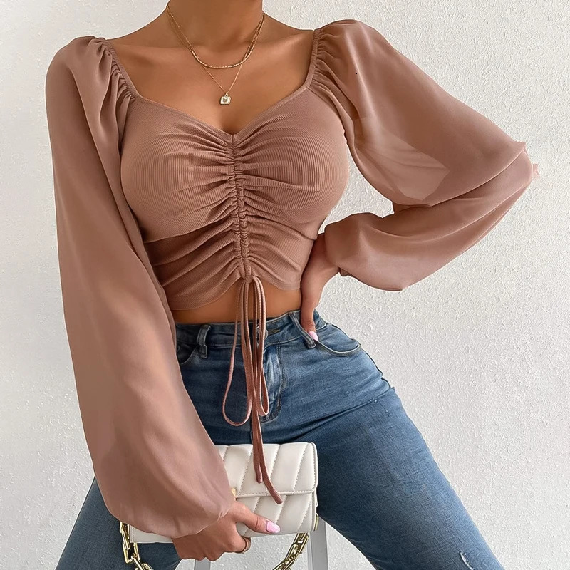 Women Blouse Vneck Chiffon Long Lantern Sleeve Summer Spring Slim Sheath Tshirt Tops Drawstring Party Street Wear 240412