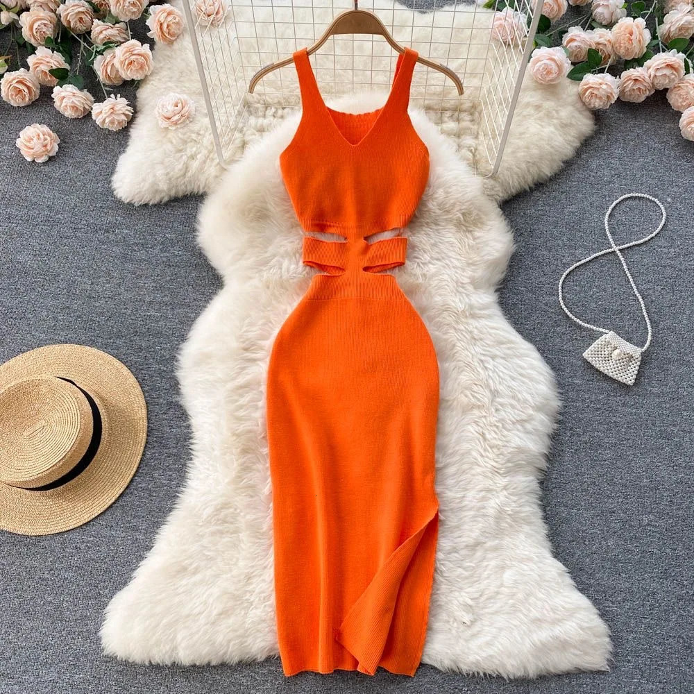 YuooMuoo Women Dress Sexy Cut Out Waist Package Hips Split Bodycon Summer Fashion Lady Knitted Party Vestidos Sundress 240403