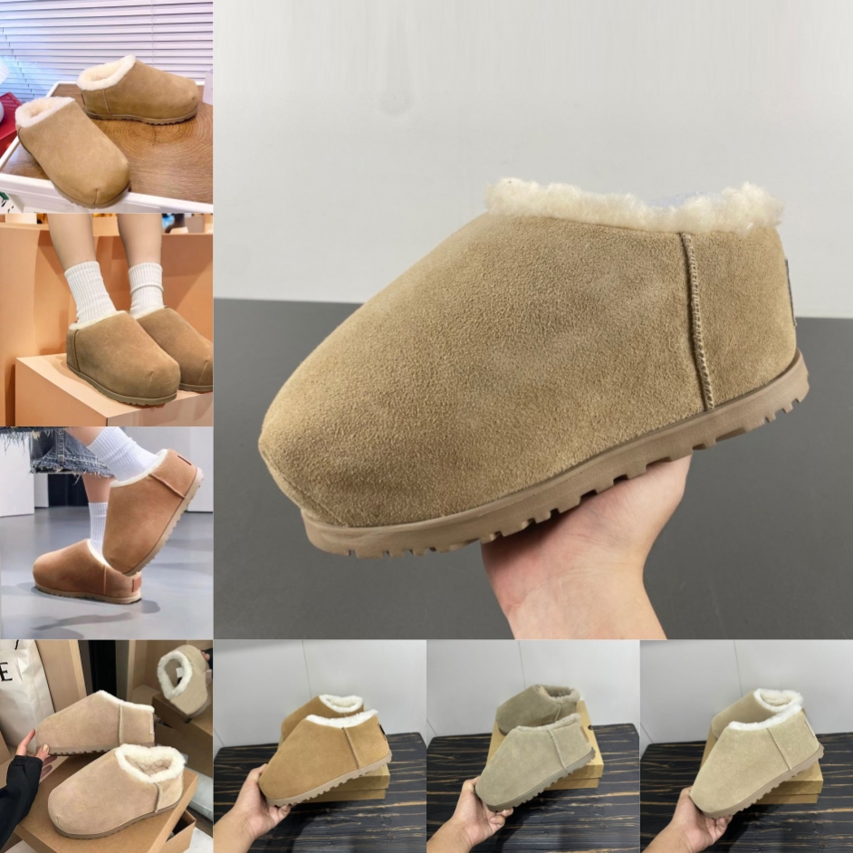 2025 Tlines pompées Femmes Pantres à fourrure Sliples Slip-On Sandales Classic Flat à fourrure Plat Moutarde Moutarde Graines Blue Grey Grey Wint