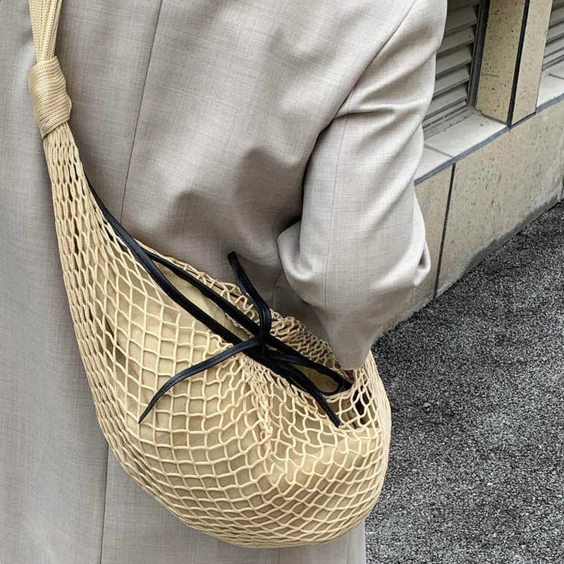 Womens hollow cow horn mesh bag handbag wallet large capacity woven shoulder cross body 241116