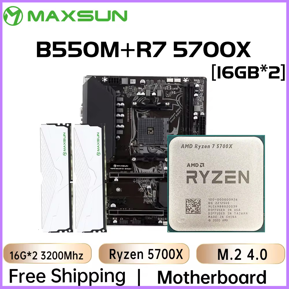MAXSUN B550M with Ryzen 7 5700X CPU Memory DDR4 32GB (16GB*2) 3200MHz Motherboard Kit Desktop Computer Gaming AMD Mainboard Set