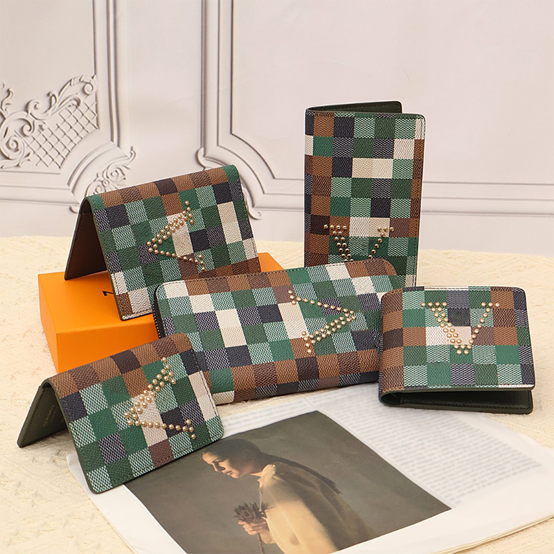 5A mens wallet designer card holder gold rivet canvas plaid cardholder luxury leather long wallet men classic pocket clutch bags with box designe-image-992913668