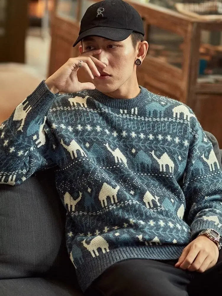 Jacquard Soft Sweaters Vintage American Style Knitted Top Casual Christmas Sweater For Men 2024 Trendy Pullovers Crew Neck 241118 ee