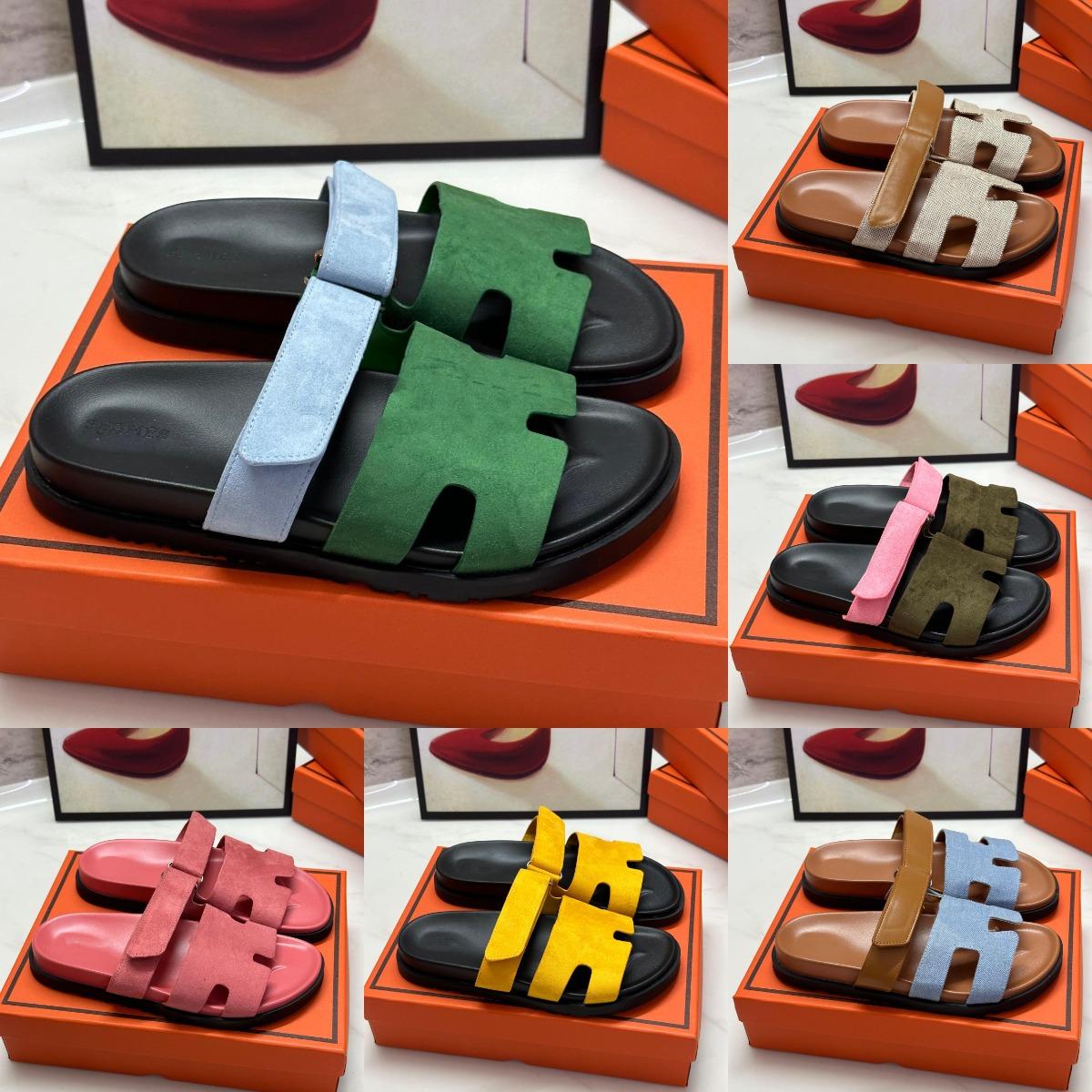 Size 35-45 Designer chypre sandals Slippers slides Womens Leather Blue Canvas Fuchsia Orange Black Suede Flats Slides Summer Beach Women Sandal Shoe