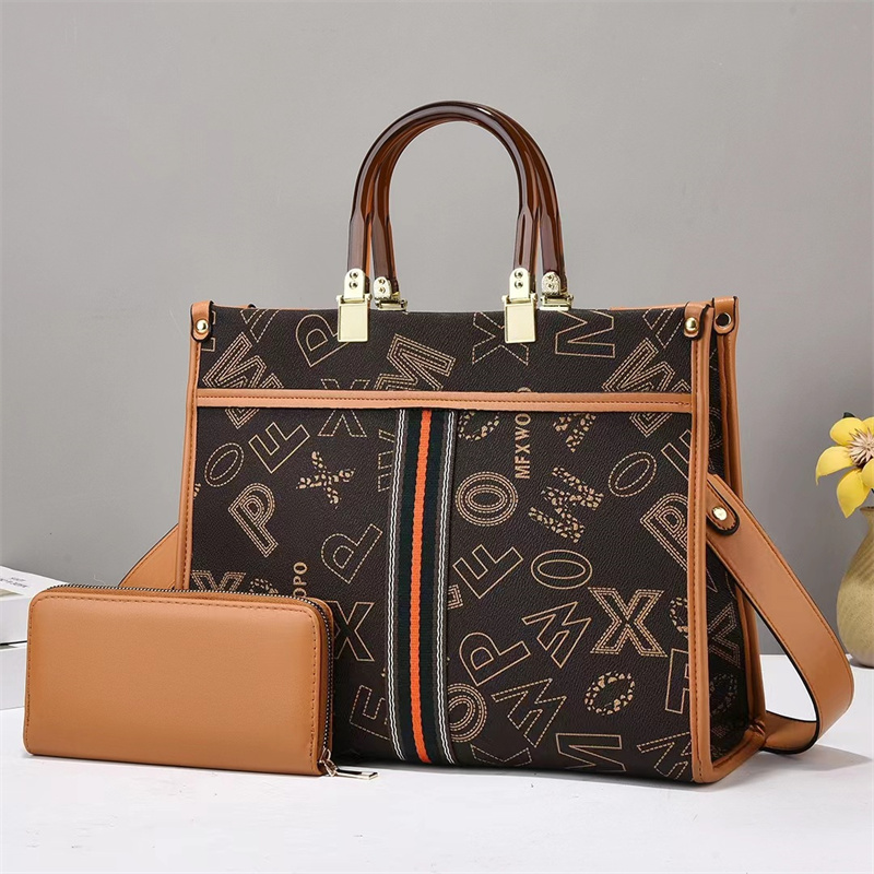 Wholesale womens handbags large capacity padded printed leather tote bag horizontal two piece fashion letter handbag elegant striped shoulder bag-image-722394797