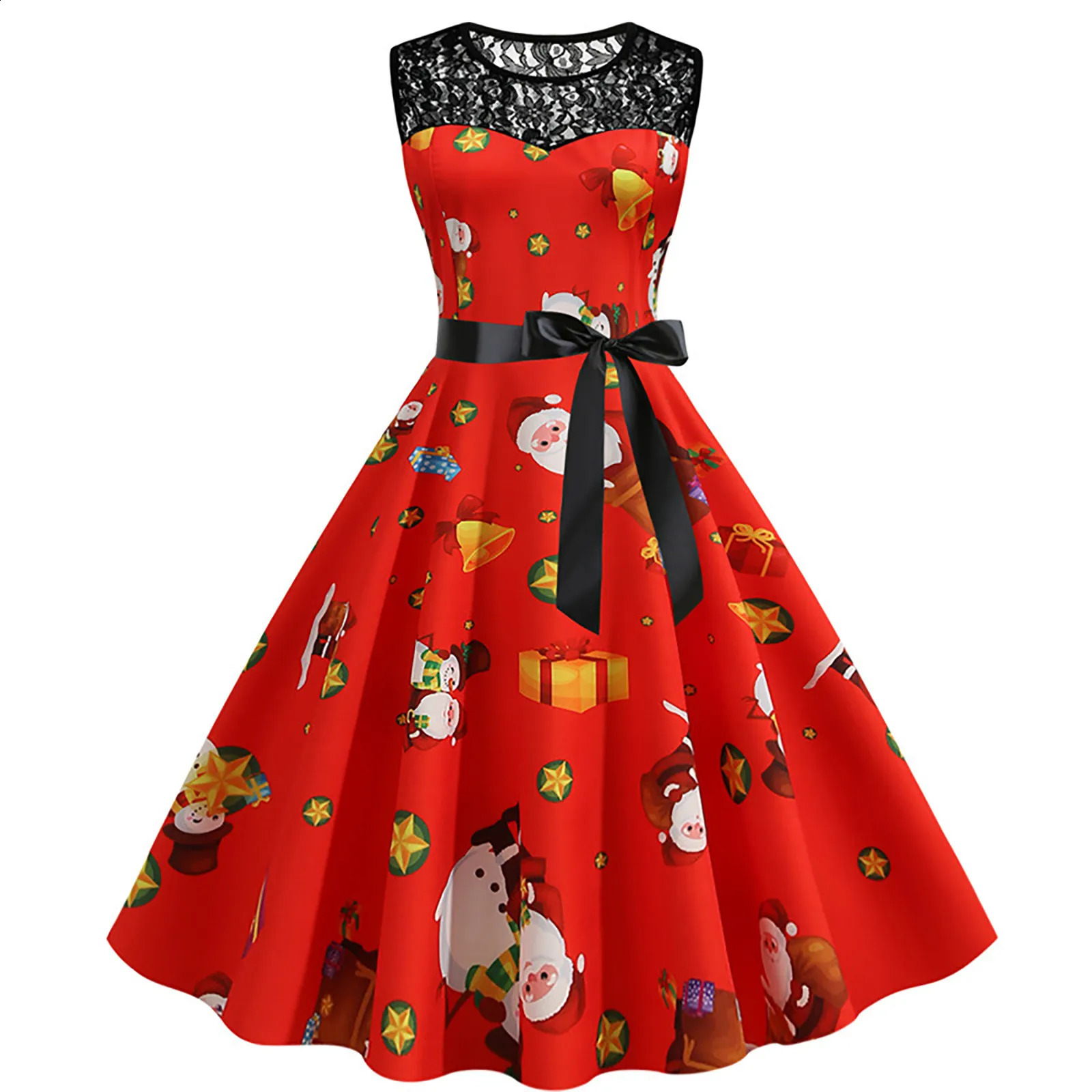 Autumn and Winter Womens Fashion Christmas Sleeveless Print Lace Patchwork Round Neck Dress 241107Z