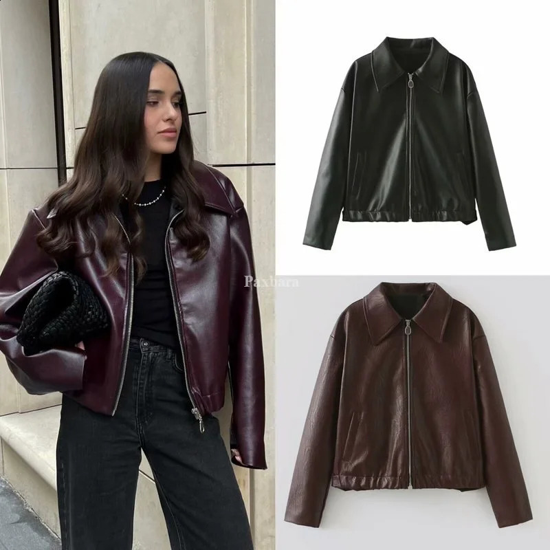 Retro artificial leather jacket for women lapel zipper jacket casual and comfortable streetwear for women long sleeves for autumn and winter 241116