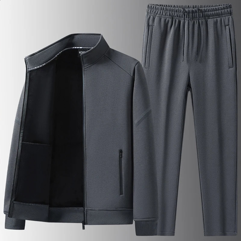 Solid Color Fashion Casual Suit Men Autumn Winter Stand Up Collar Cardigan with Fleece Sports Two Piece Set 241118 71