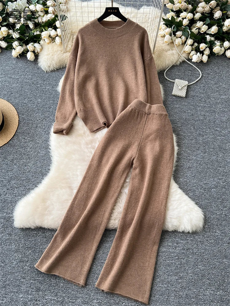 SINGREENY Fashion Split Cashmere 2-piece Womens O-neck ZipperWide Leg Pants Autumn Thick Casual Knitted 2-piece Set 241116