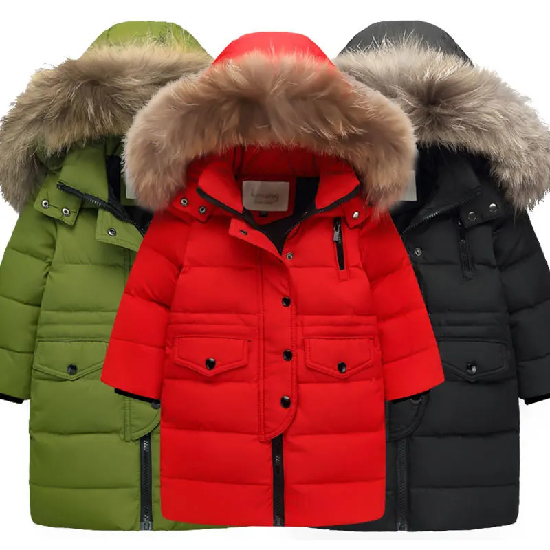 OLEKID Winter Children Down Jacket For Boys Warm Real Raccoon Fur Hooded Long Outerwear Coat 212 Years Kids 241118