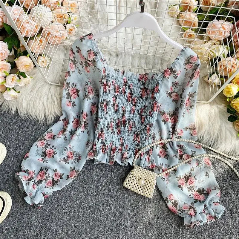 Blouse Women Autumn Retro Sexy SquareNeck Chiffon Shirt Long Sleeve Womens High Waist Short Blusas Ropa De Mujer 240412