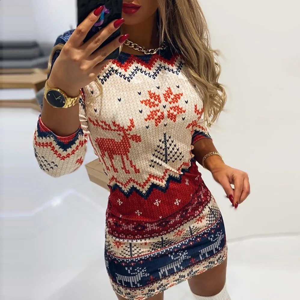 Ladies Fashion Christmas Dresses Elegant Autumn Winter Year Women Long Sleeve Cartoon Print Party Dress 2024 Streetwear 241107Z