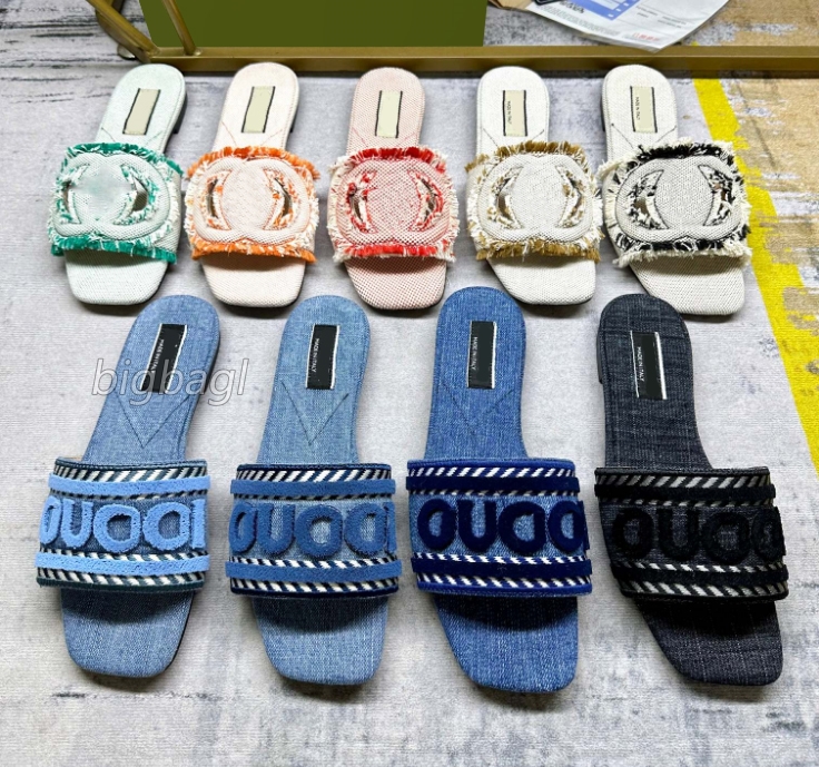 G Script Slippers Denim Slides Women Sandal Designer Slipper Summer Cotton Print Flats Hollow Out Sandals Canvas Flat Heel Mules 