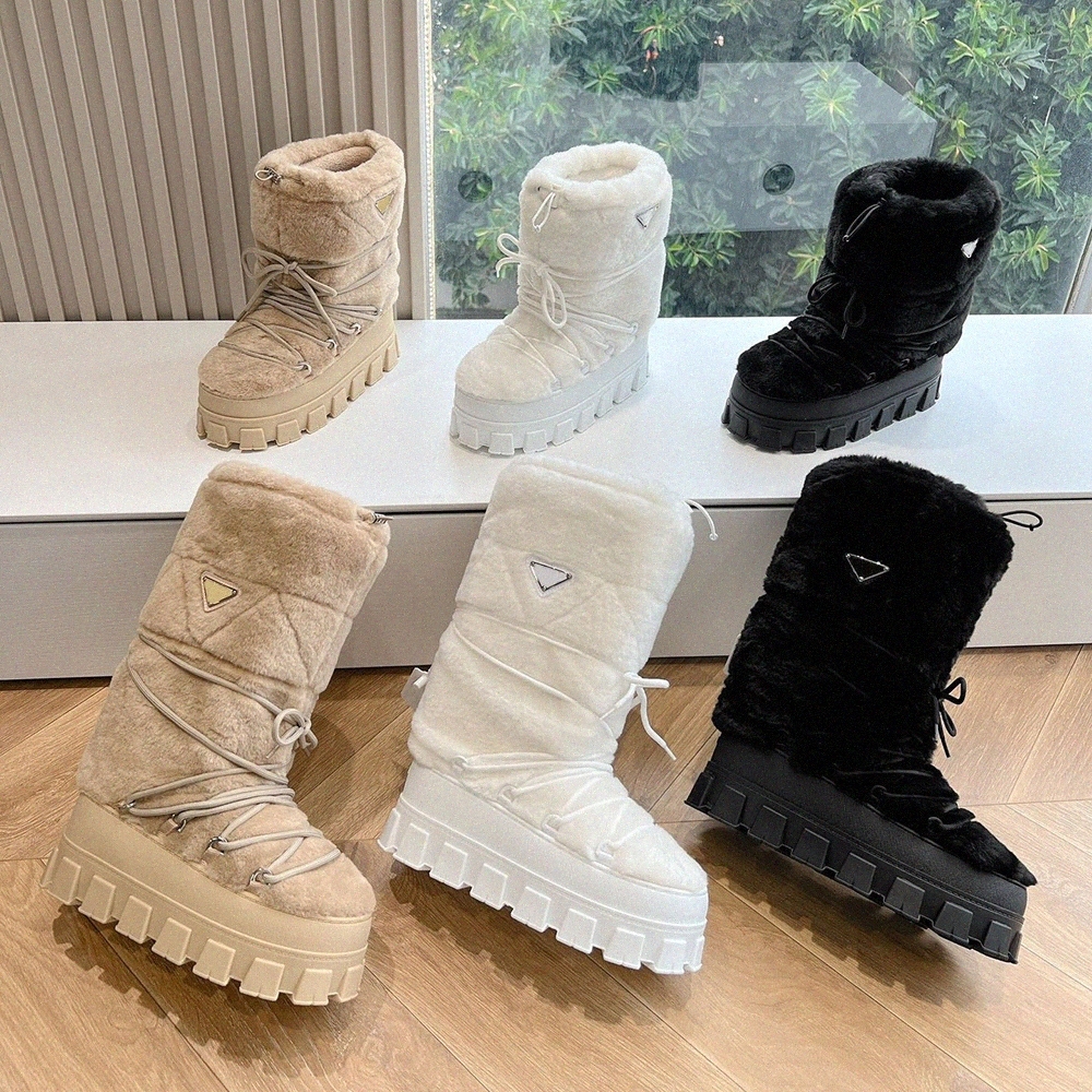Designer Nylon boots bootie Women thick-soled triangle gabardine apres ski Shearling Upper boot drawstring Removable padded pile liningAqtt#-image-994461915