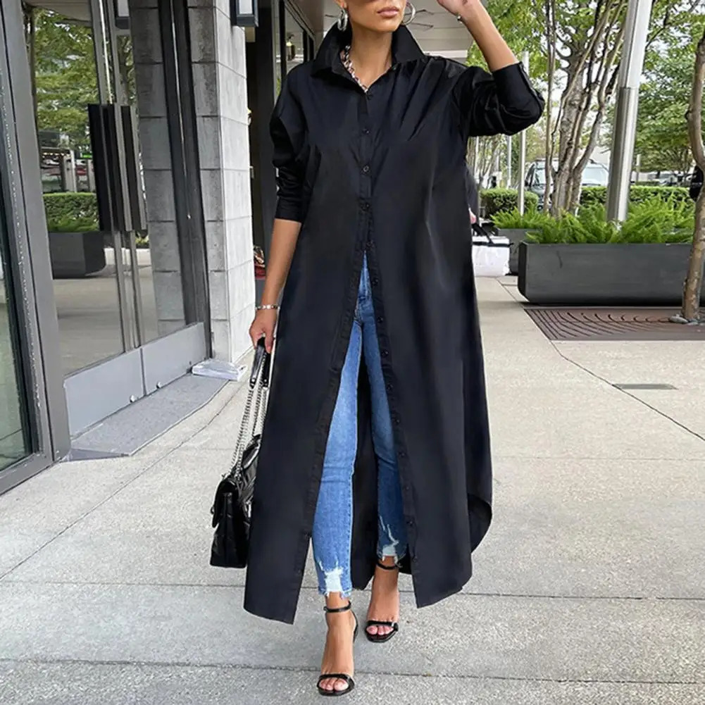 Women Long Shirt Turn Down Collar Sleeve Single Breasted Hem Coat Autumn Winter Solid Dress Female Clothing 240412
