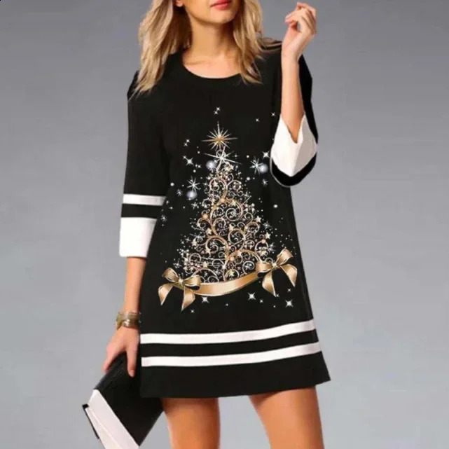 2023 Temu Womens Dress Casual Round Neck Printed Christmas 34 Sleeves Fashionable European American Style 241107Z