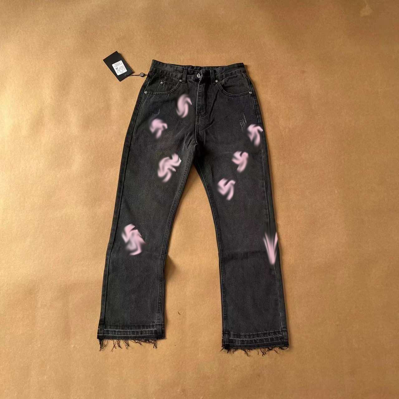 Mens Jeans Vintage designer jean heart Pasted leather washed Vintage straight jeans trousers-image-967175317