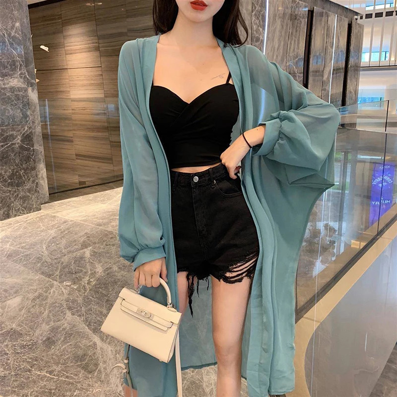 MEXZT Summer Women Blouse Puff Sleeve Long Chiffon Sunscreen Shirts Cardigan Black White Loose Casual Sun Protection Shirt Tops 240412
