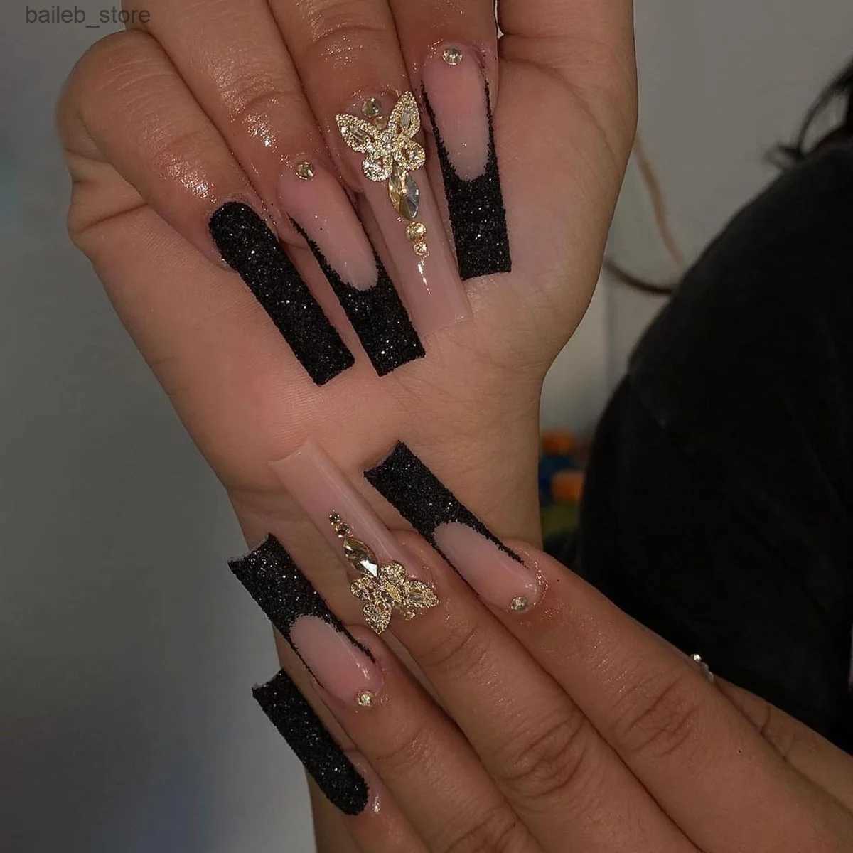 False Nails 24Pcs Coffin False Nails Serpentine Design Long Ballet Nails Set Press on Wearable French Fake Nails with Rhinestone Manicure Y240419-image-967302380