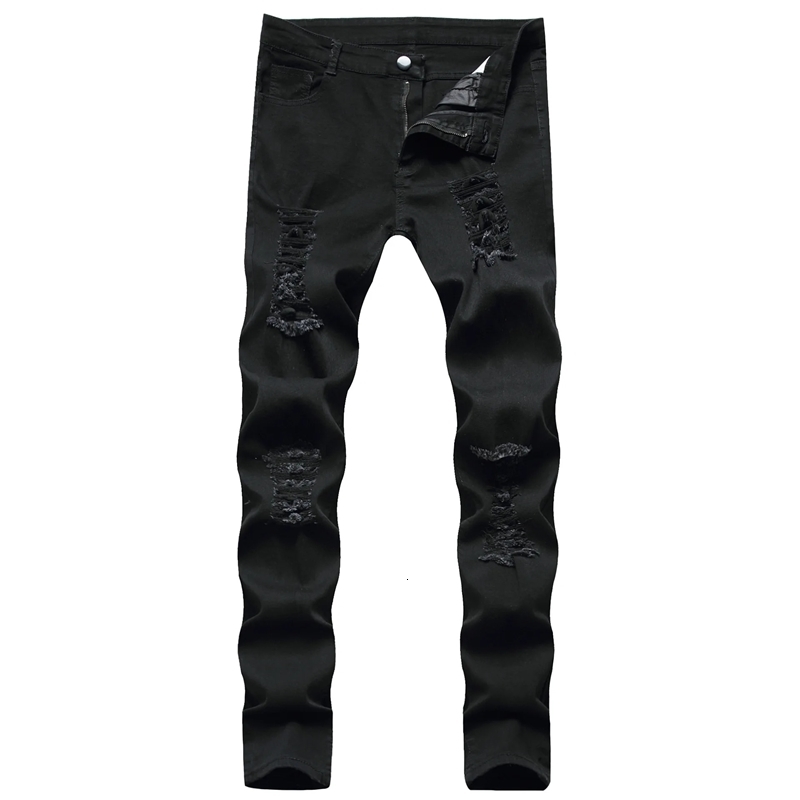European and American Mens Black Skinny Casual Jeans 2024 Style Knee Ripped Slim Fit Elastic Trousers 241107Z