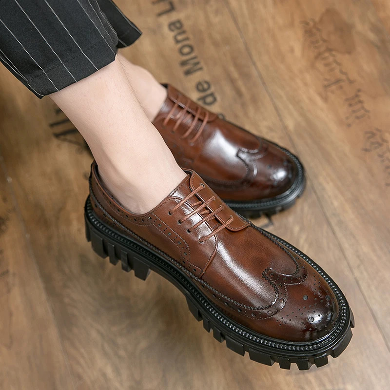 Wedding Brogue Dress Thick Sole Men Leather Office Business Spring Autumn Male Footwear Formal Party Shoes 260917
