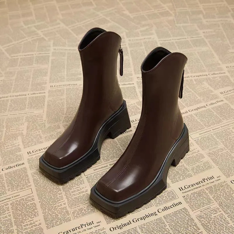 Womens Short Boots Irregular Sole PU Leather Round Toe Back Zipper High Heels Womens Boots Fashionable Simple Short Boots 250814
