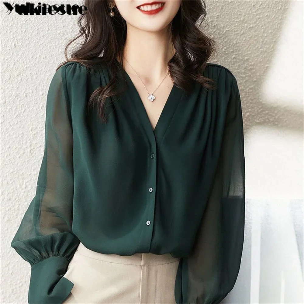 Spring Summer Elegant blouse women Korean Chiffon Shirt Women Long Sleeve Ruffled Womens shirts and blouses Office Lady Tops 240412
