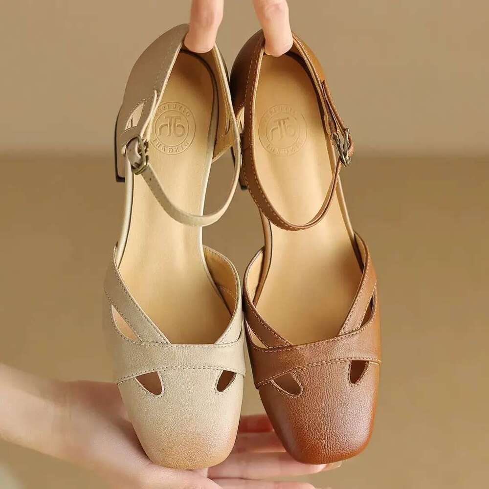 Women's genuine leather hollow-out ankle strap sandals 4.5cm thick med heel square toe elegant ladies summer pumps shoes woman dc85