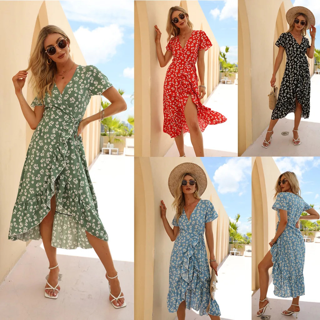 Women Sexy Chiffon Dress Floral Print Vneck Lace Up Asymmetric Ruffle Slit Beach Skirt Casual Style 240403