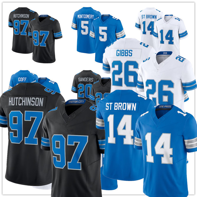 Alex Anzalone Jahmyr Gibbs Jack Campbell Barry Sanders Jared Goff Sam Laporta David Montgomery Amon-Ra St. Brown Dan Campbell Malcolm Rodriguez Football Jerseys 