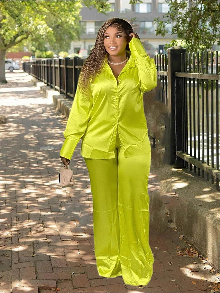 Two Piece Sets Womens Outifits Ladies Long Sleeve Shirt Satin Suit Pants Plus Size Casual Set Wholesale Bulk Drop 241120