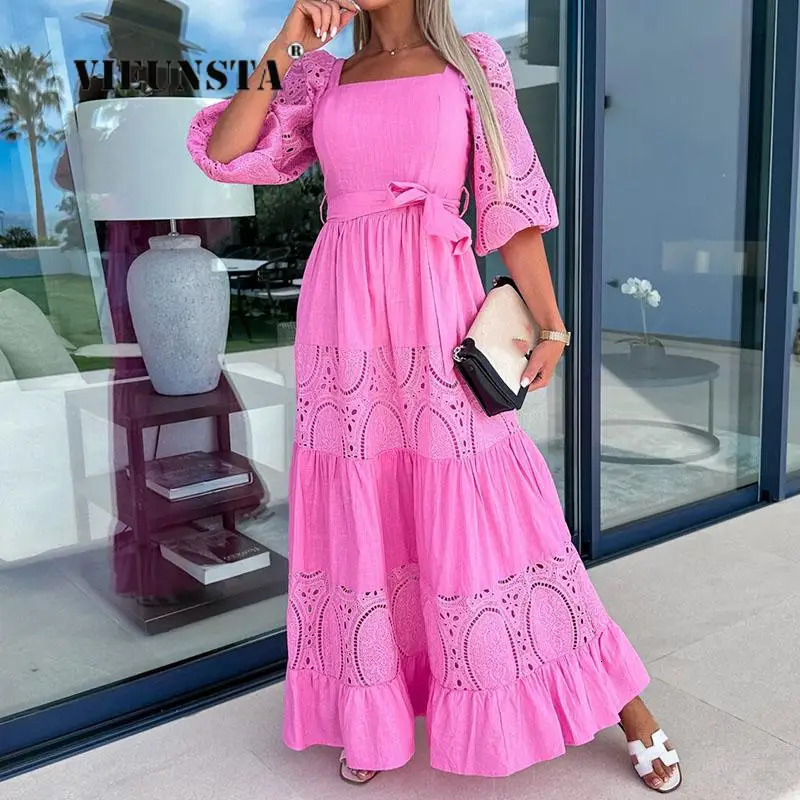 Women Retro Loose Beach Dress Fashion Lace Patchwork Ladies Elegant Temperament Square Collar TieUp Ruched Maxi 240403