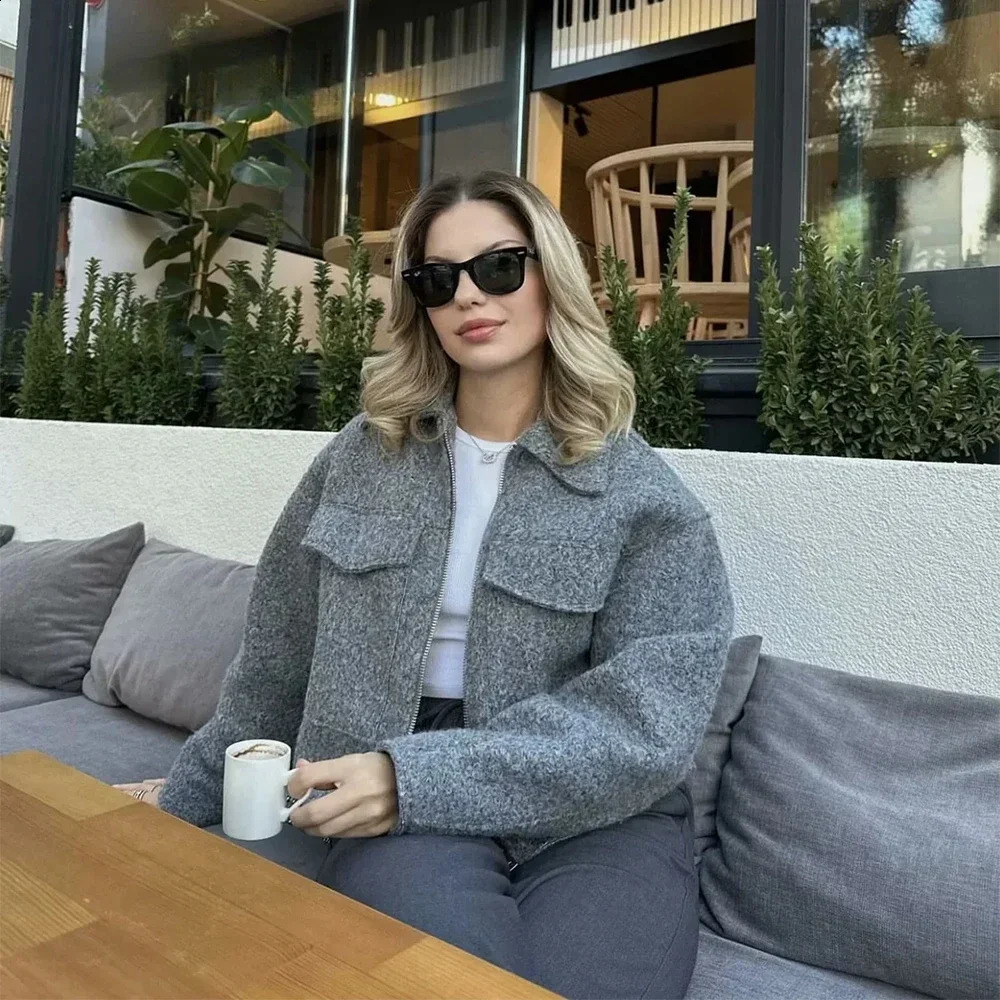 2024 Womens Elegant Solid Coat Zipper Long Sleeve Pocket Bomber Jacket Female Casual Soft Woolen Loose Streetwear Coats 241119