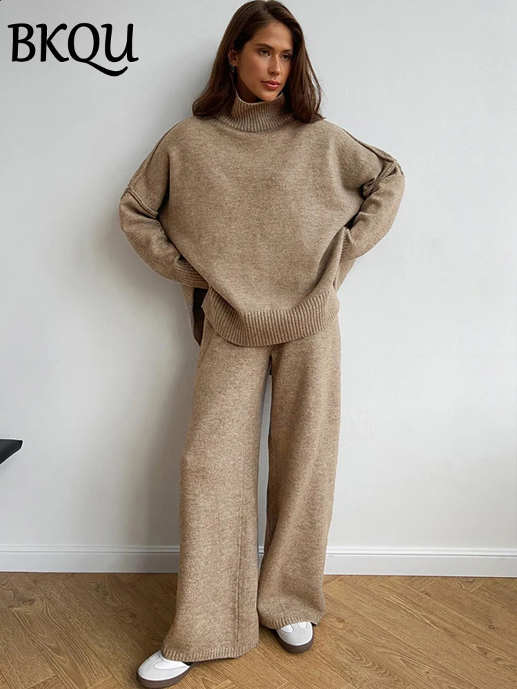 BKQU Knitted 2 Piece Sets Women Turtleneck Sweater and Wide Leg Pants Outfits Autumn Winter Casual Office Ladies Homewear 2024 241119