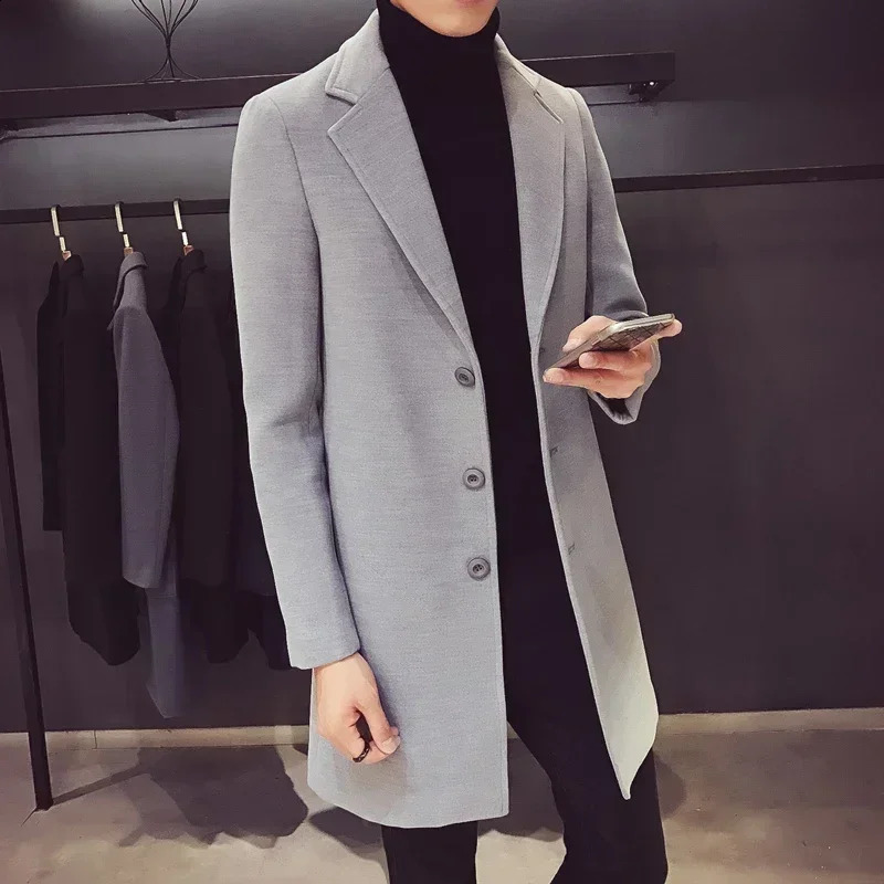 Mens Long Coat 2024 AutumnWinter Fashion Business Slim Fit High Quality Solid Color Casual Clothing 241107Z