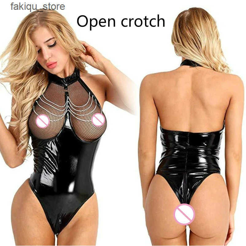 Sexy Set Erotic Sexy Crotchless Latex Catsuit Fishnet Clothing Open Crotch Jumpsuit Patent Leather Breast Exposing Bodysuit Lingerie L240910-image-1033899912