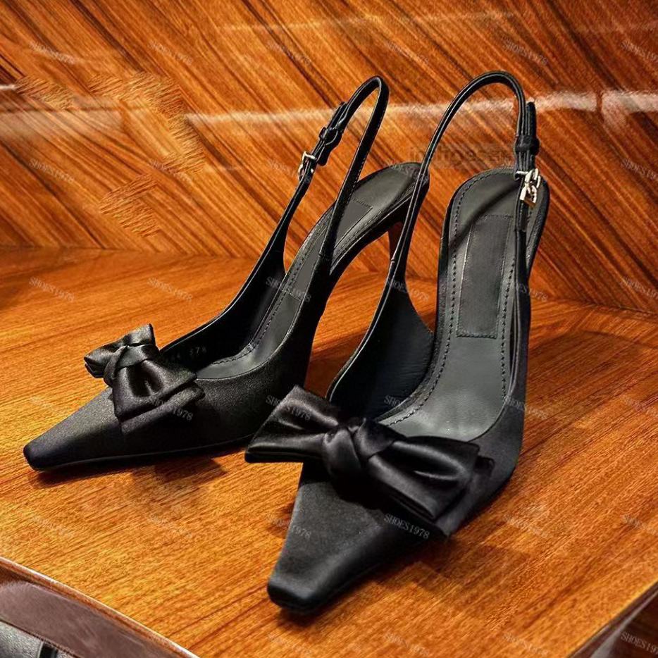 Bow Dress Shoes Designers Sandals for womens 34-43 stiletto heel Small square toe slingbacks Sandal Top quality Satin Bowite 10.5cm high heeled s