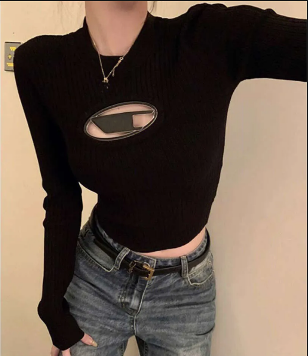 Spring Black Sexy Tight Long Sleeved T-shirt Womens Designer Sense Small Fit Bottom Hollow Out American Spicy Girl Top