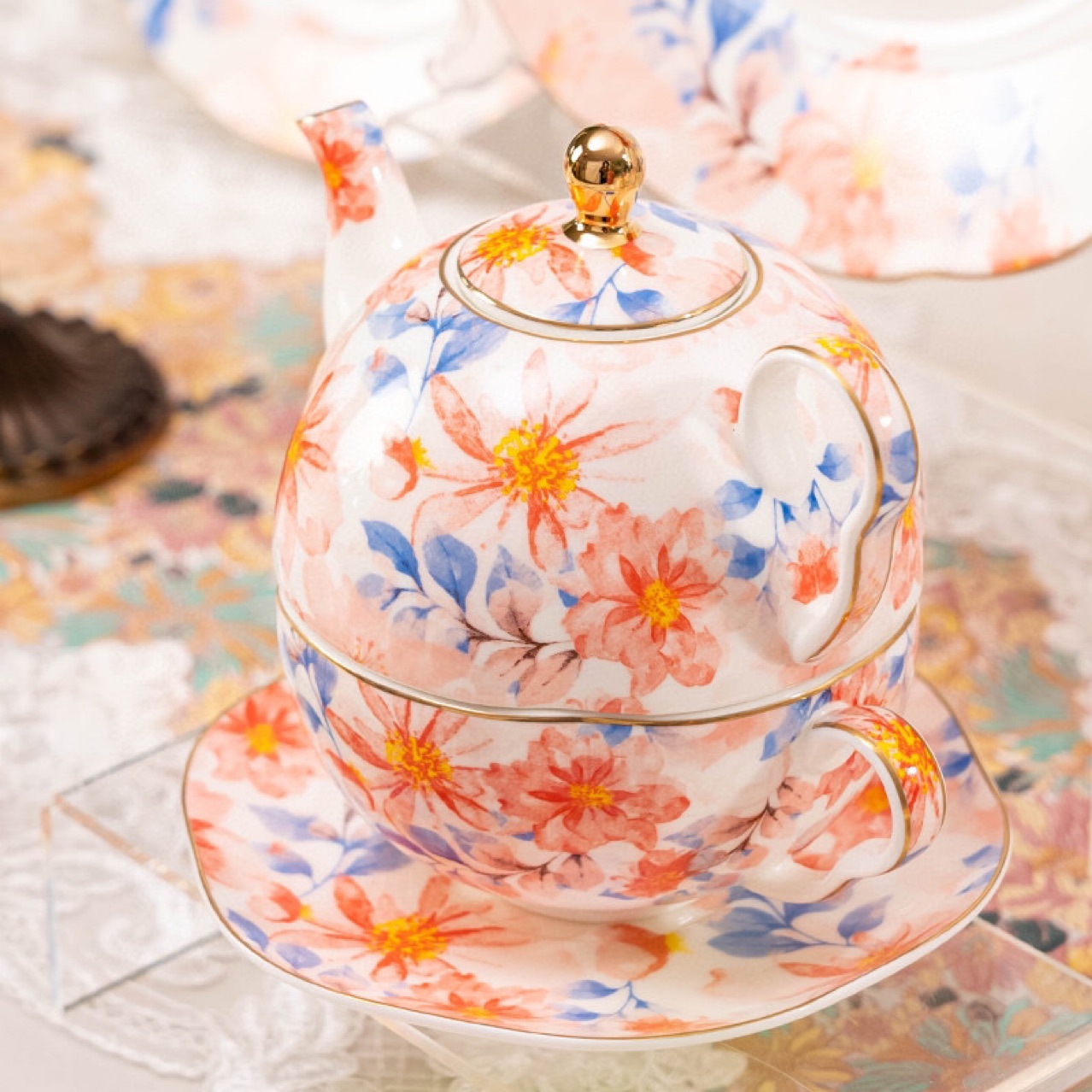 Designer Coffee Teapot Set Bone China Orange Color Flowers Petal Pot Teapot Tea Set Gift K260225-image-1095427576
