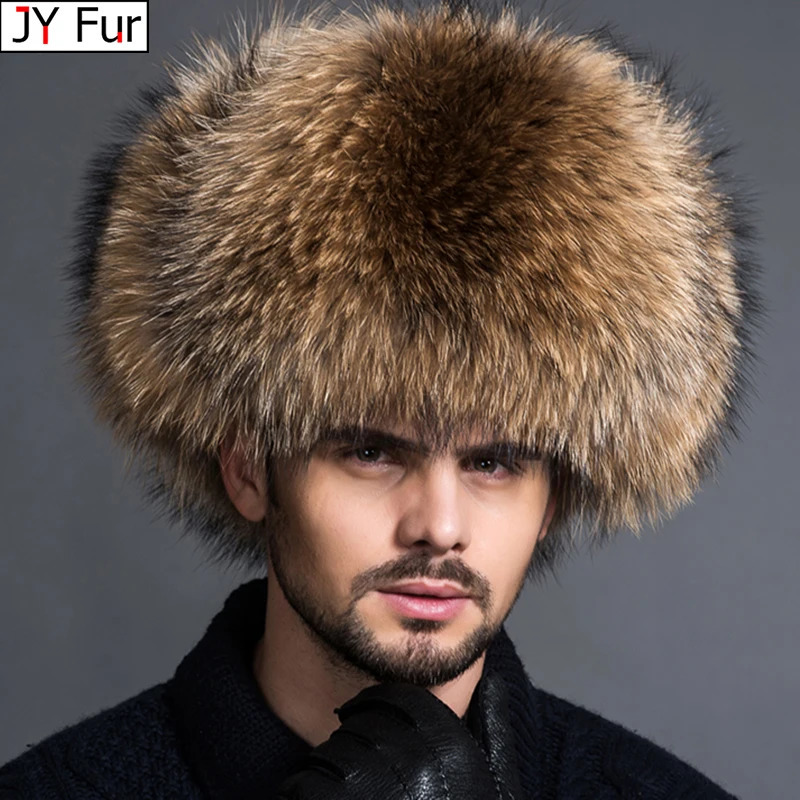 Winter Mens 100% Real Silver Fox Fur Bomber Hat Raccoon Ushanka Cap Trapper Russian Man Ski Hats Caps Leather w241119