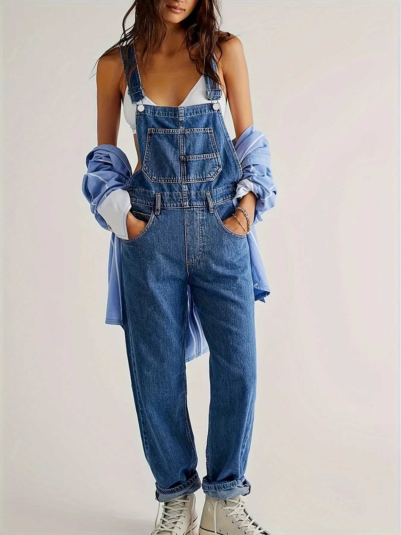 ans Womens Fashion Denim Overalls Casual Style Non-Stretch Relaxed Fit - Classic Blue Jean Jumpsuit Dungarees With Pockets For FallS2411202