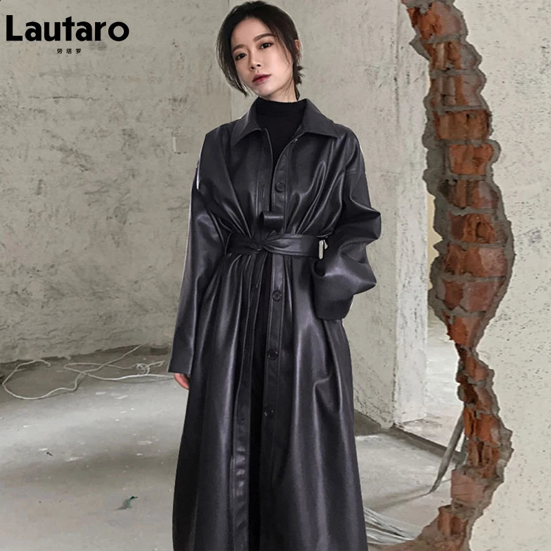 Lautaro Autumn long black cool PU leather trench coat womens single chest loose Korean fashion wholesale clothing 241119