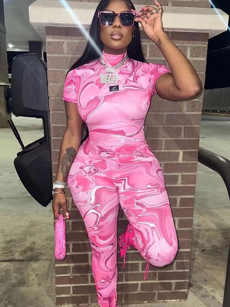 STYLISH LADY Tie Dye Printed Backless Rompers and Jumpsuits 2024 Summer Women Short Sleeve Turtleneck Bodycon Sexy Club Party Yoga Overalls-image-967479535