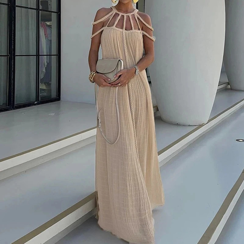Summer Sexy Hollow Out Twist Bohe Party Dress Women Elegant Sleeveless Backless Long Casual Loose Solid Beach Dresses 240403