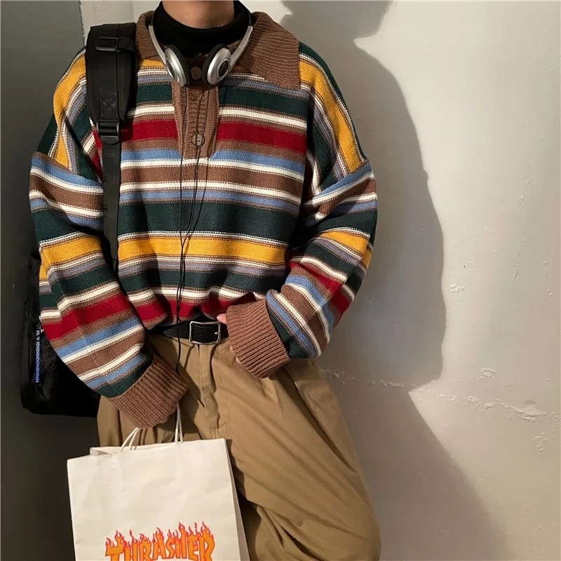 Vintage Japanese Rainbow Striped Sweater Pullover n Mens Spring Loose Fit Knitted Top Casual Style Idle Mode 241107Z