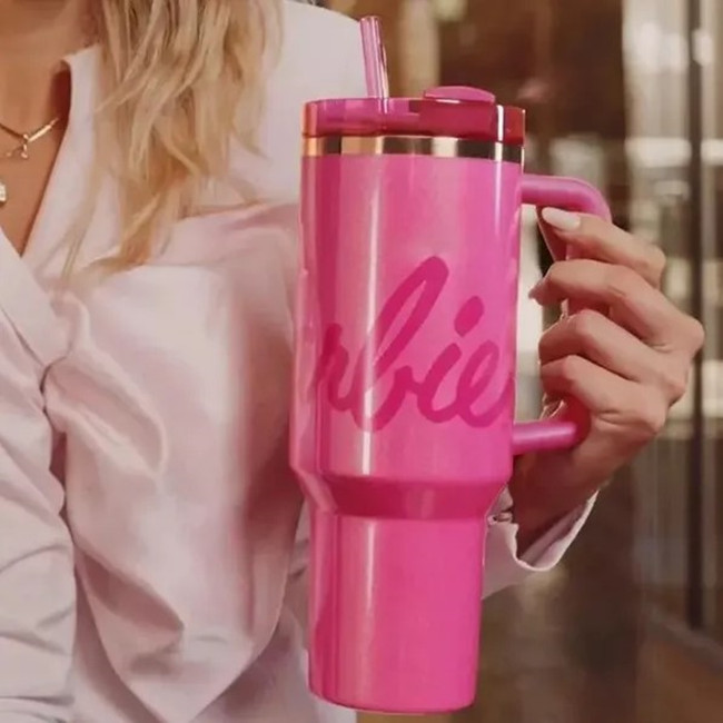US STOCK 40oz Cobrand Shiny Pink Mugs Loveshackfancy Rose Lilac FLoral Cups Stainless Steel Tumblers With Handle Lid and Straw 40 OZ Travel Car M-image-735418260