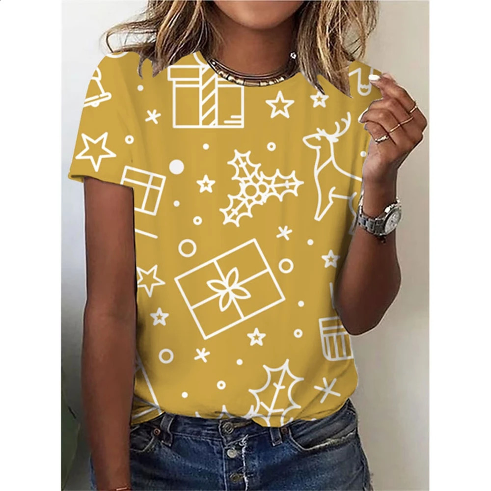 Womens Fashion Trend Round Neck Tshirt Christmas Style Printed Simple Short Sleeve Summer Loose Comfortable 241107Z